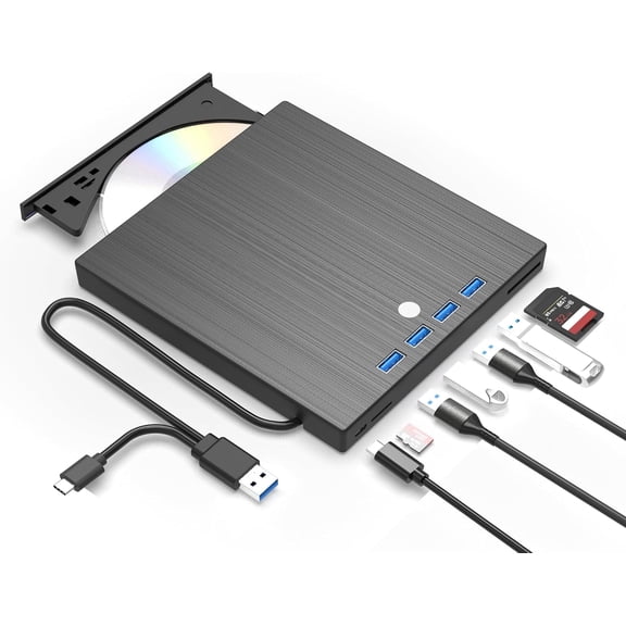 9-in-1 External CD/DVD Drive USB 3.0 & USB-C, Portable CD DVD Burner and Reader, 5Gbps High-Speed Optical Disc Drive for Laptop Desktop PC Mac Windows Linux, Plug and Play