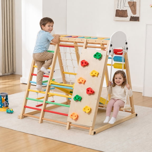 9-in-1 Foldable Kids Climbing Frame with Slide, Wooden Toddler Playground with Swing, Monkey Bars & Abacus Game, Indoor Outdoor Playset for Ages 3+