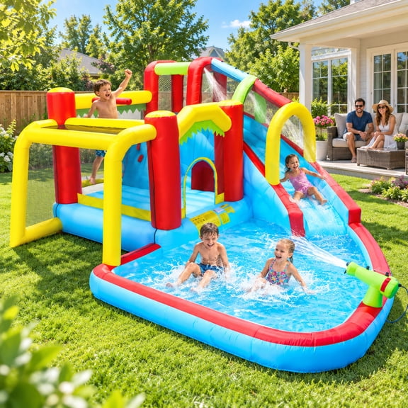 9-in-1 Inflatable Water Park Bounce House with Slide, Splash Pool, Climbing Wall, Water Gun, Basketball & Soccer Games for Outdoor Backyard