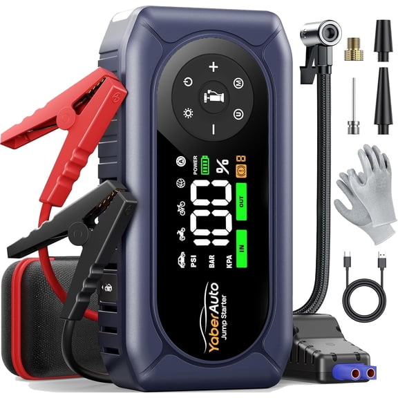 9-in-1 Jump Starter with Air Compressor 4500A 150PSI Car Battery Jump Starter (9L Gas/8L Diesel), 12V Jump Box Car Battery Jumper Starter Portable Jumper Cables, 400V Insulated Gloves, Light