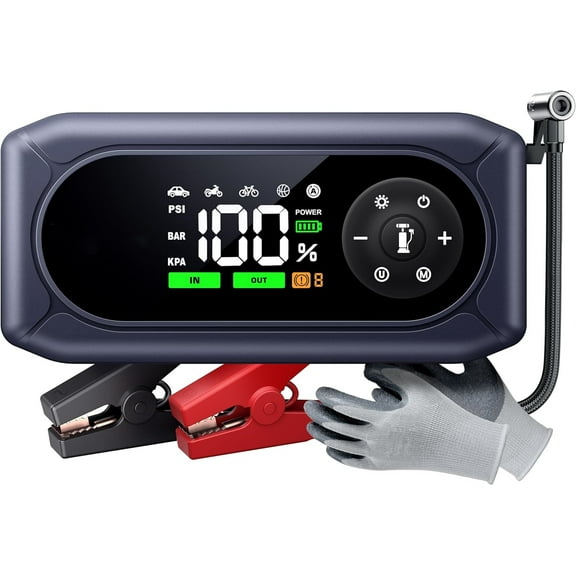 9-in-1 Jump Starter with Air Compressor 4500A 150PSI Portable Car Battery Jump Starter (9L Gas/8L Diesel), Jump Box Car Battery Jumper Starter Portable Jumper Cables, Insulated Gloves, Light