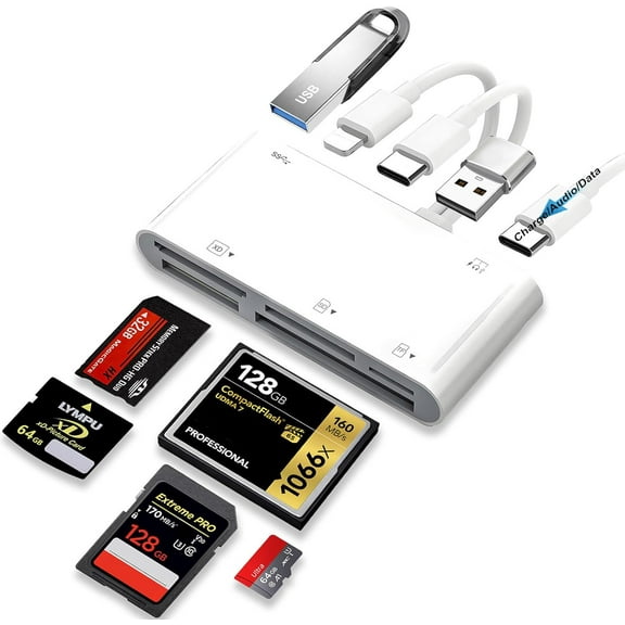 9-in-1 Memory Card Reader versal SD Card Reader for iPhone/iPad, CF/SD/MicroSD/MS/XD Card Reader & USB OTG Adapter with USB-A/USB C/Lightening Connector for iPhone 16/iPad Pro/Samsung Galaxy S25