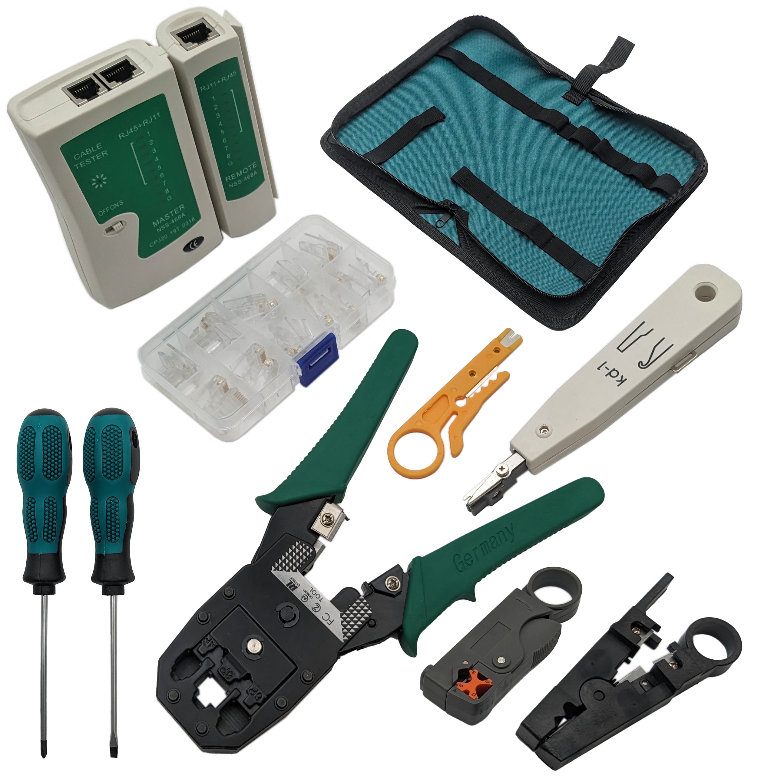 9-in-1 Network Toolkit with RJ45 Ethernet Crimping Tool, Krone Type Punch Down Tool, Networking Cable Tester, RJ45 Connectors, and Wire Strippers with Carrying Case