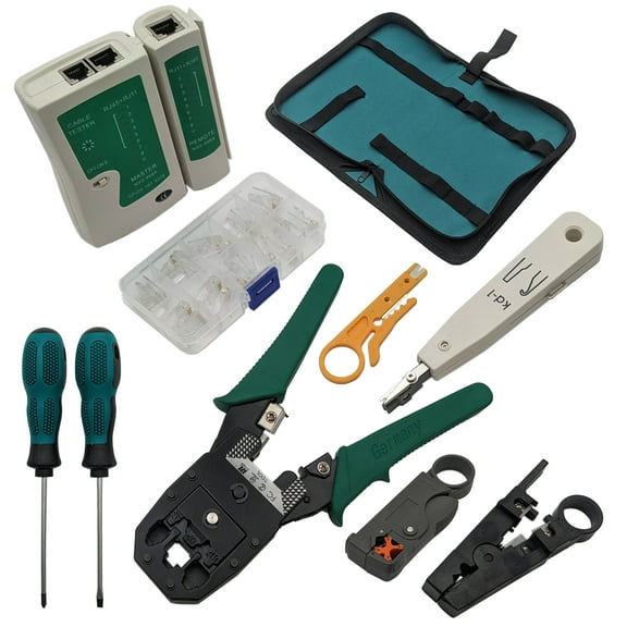 9-in-1 Network Toolkit with RJ45 Ethernet Crimping Tool, Krone Type Punch Down Tool, Networking Cable Tester, RJ45 Connectors, and Wire Strippers with Carrying Case