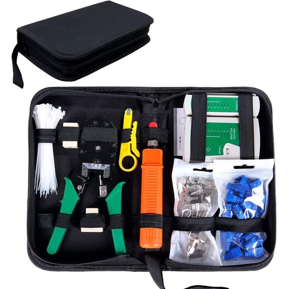 9-in-1 Portable Crimping Tool Kit, 8P8C 6P6C 4P4C Connectors, RJ11/RJ12/RJ45 Cat5 Cat5e Network/Phone Cable Tester, Black