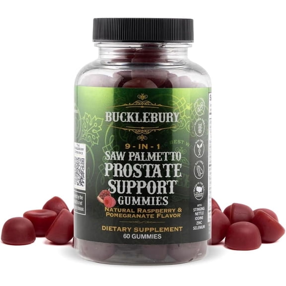 9-in-1 Saw Palmetto Gummies for Prostate and Urinary Support - Natural Raspberry and Pomegranate Flavour Plant-Based Dietary Supplement for Bladder Emptying and Hair Loss - 60 Gummies