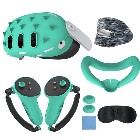 9 in 1 Silicone Case Accessories for Meta Quest 3, Console Case, Eye Mask, Lens Cap, VR Accessory Set-Green