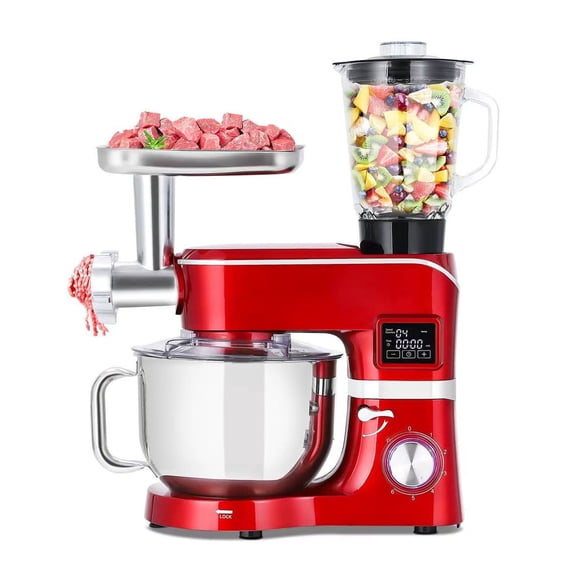 9-in-1 Stand Mixer, 6.5 QT Tilt-Head 6+P Speed Food Mixer, Multifunctional Electric Mixer for Kitchen with LED Display, Meat Grinder, Blender, Vegetable Slicer, Pasta and Cookie Maker, Red