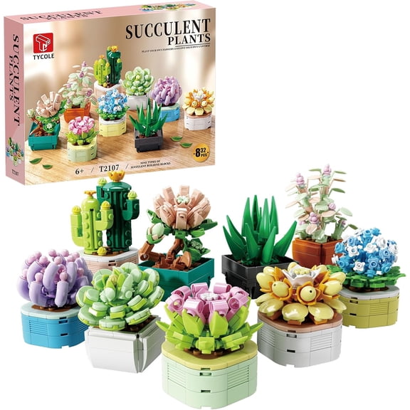 9 in 1 Tiny Flowers Succulents Artificial Plant Set-Creative Botanical Building Block Toy, Botanical Collection for Office&Home Decor
