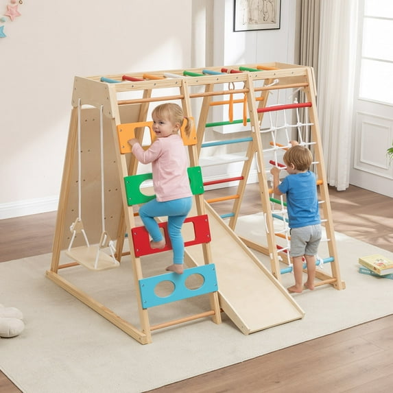 9-in-1 Toddler Indoor Jungle Gym & Playground Set, Wooden Climbing Toy with Slide, Swing, Climbing Net, Rings – Montessori-Inspired Kids Playset for Indoor Fun & Development, Ages 3-8