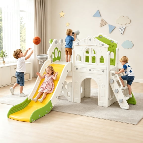 9-in-1 Toddler Slide Playset – Indoor/Outdoor Activity Center with Basketball Hoop, Soccer Goal & Storage for Ages 1-3