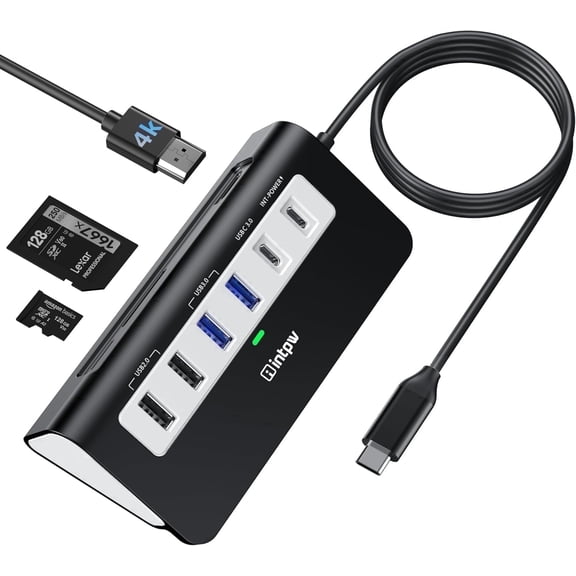 INTPW 9-in-1 USB C Hub for Laptop, Multiport Adapter with 4K HDMI, 100W PD Pass-Through, USB C and USB A Ports, SD/TF Card Reader, 1M Cable for MacBook and PC