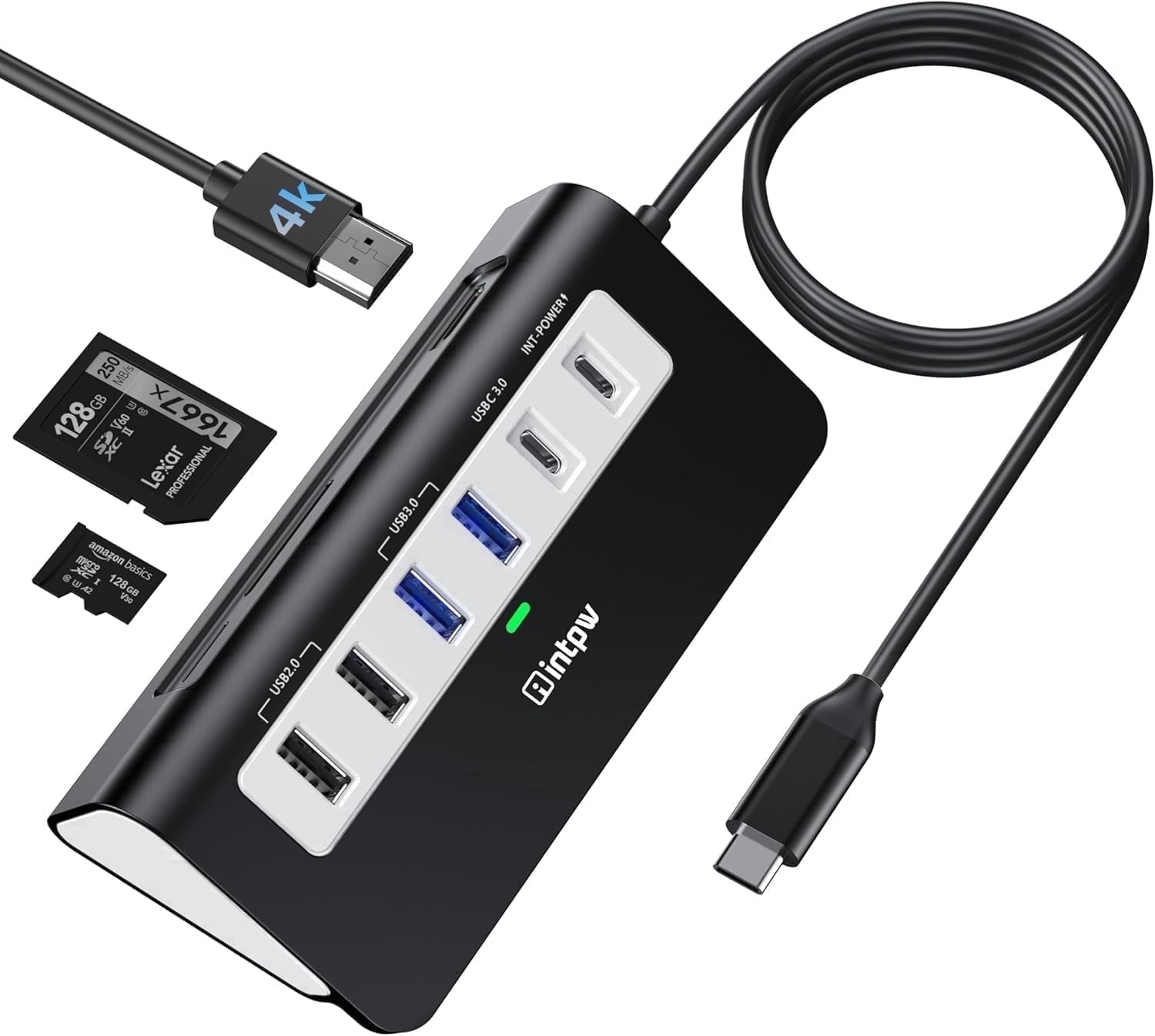INTPW P9 USB C Hub for Laptop, USB Hub Multiport Adapter with 4K@30Hz HDMI, 100W PD Charging, USB C and USB A Ports, SD/TF Card Reader for MacBook, iPad and Windows PC