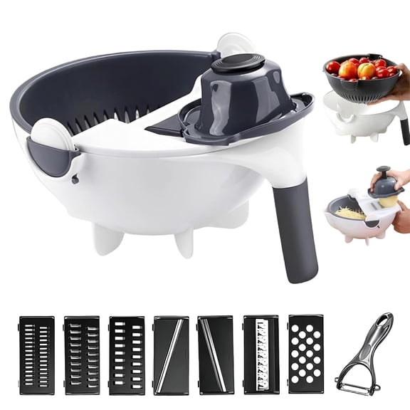 9-in-1 Vegetable Cutter with Drain Basket, Interchangeable Blades & Container