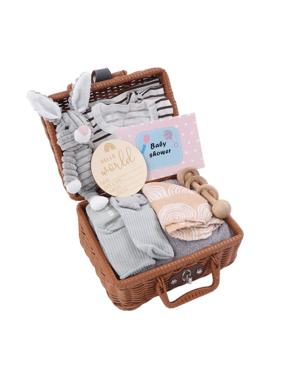 9-in-1 Wooden Baby Rattle and Soft Blanket Gift Basket Set - Essential Newborn Layette with Socks, Towel, Greeting Card, and Soothing Relieve Gum Soreness Teething Toys (10.0 x 8.0 x 5.5 inches)