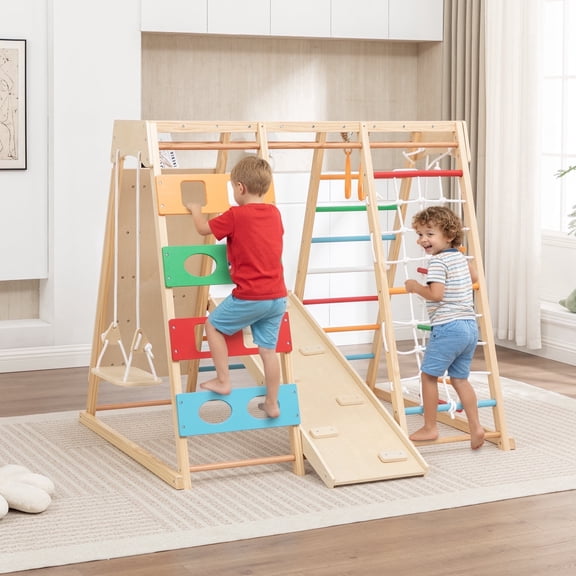 9-in-1 Wooden Indoor Jungle Gym Playground Climbing Toys for Toddlers 3-8 Years, Wooden Montessori Climber Playset with Slide, Swing, Monkey Bars, Upright/Rope Ladder, Climb Net