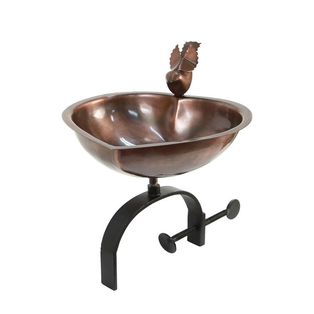 15.7" Copper Heart Shaped Birdbath with Iron Rail Mount