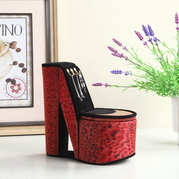 9" Tall Display Jewelry Box with Hooks, High Heel Shoe Design, Leopard Print