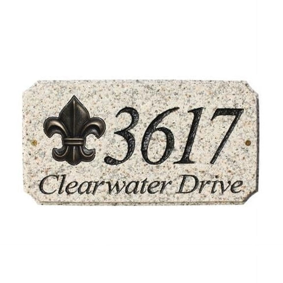 9 in. StoneMetal Fleur De Lis Logo Rectangle Solid Granite Address Plaque in Autumn Leaf Color