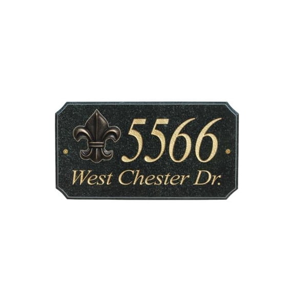 9 in. StoneMetal Fleur De Lis Logo Rectangle Solid Granite Address Plaque in Polished Black Color
