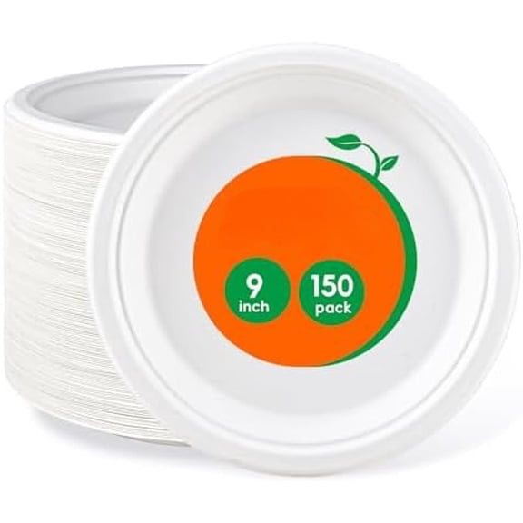 9 inch 150 Pack Compostable Paper Plates, Heavy Duty Disposable Biodegradable Eco-friendly Sugarcane Bagasse Plates for Party Dinner