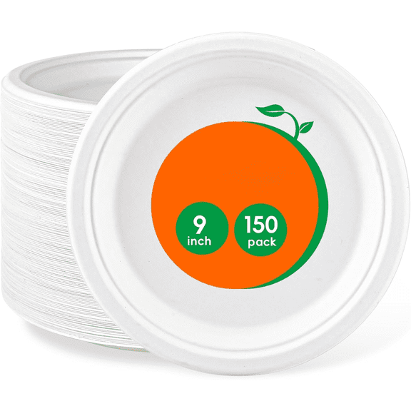 9 inch 150 Pack Compostable Paper Plates, Heavy Duty Disposable Biodegradable Eco-friendly Sugarcane Bagasse Plates for Party Thanksgiving