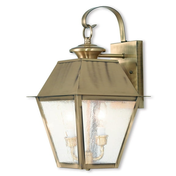 9 inch 2 Light Antique Brass Outdoor Wall Lantern Pendant Lighting Fixture with Seeded Glass Shade backed with Hand Crafted Solid Brass material for patio, front porch, entryway and more