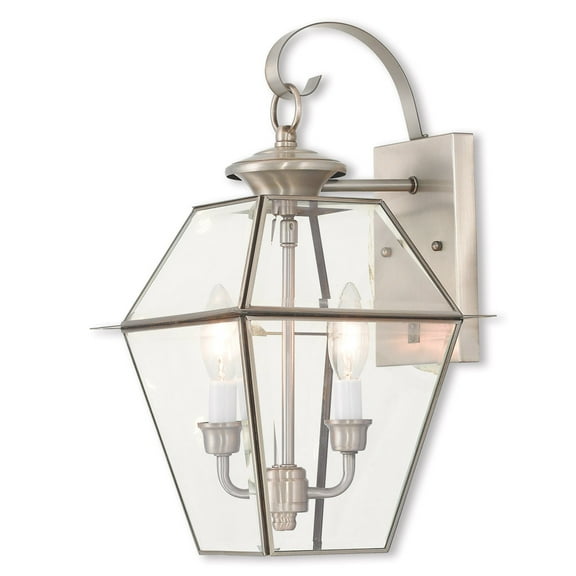 9 inch 2 Light Brushed Nickel Outdoor Wall Lantern Pendant Lighting Fixture with Clear Beveled Glass Shade backed with Hand Crafted Solid Brass material for patio, front porch, entryway and more