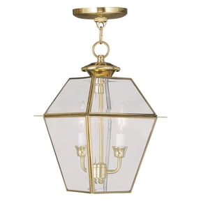 9 inch 2 Light Polished Brass Outdoor Chain Lantern Pendant Lighting Fixture with Clear Beveled Glass Shade backed with Hand Crafted Solid Brass material for patio, front porch, entryway and more