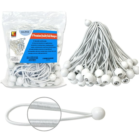 9 inch 50 Piece Heavy Duty 5mm Ball Bungee Canopy Cord By Wellmax, White Color