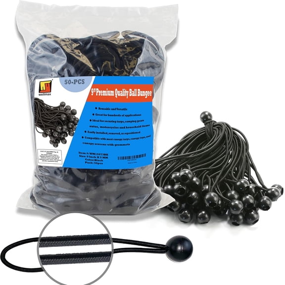 9 inch 50 Piece Heavy Duty 5mm Ball Bungee Canopy Cord by Wellmax, Black Color