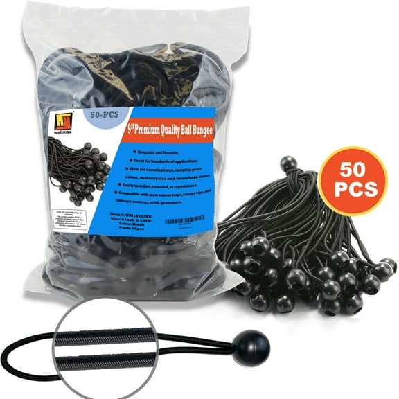 9 inch 50 Piece Heavy Duty 5mm Ball Bungee Canopy Cord by Wellmax, Black Color