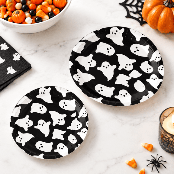 9 inch & 7 inch Black White Ghost Paper Plates, 48 Count Disposable Party Supplies