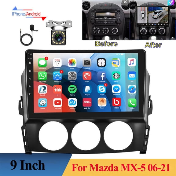 9-inch Android 13 Car Stereo Radio GPS Navigation 2+64G for Mazda MX-5 2006-2021 with Carplay Android Auto Bluetooth FM/RDS WiFi SWC Mirror Link with AHD Backup Camera/Mic