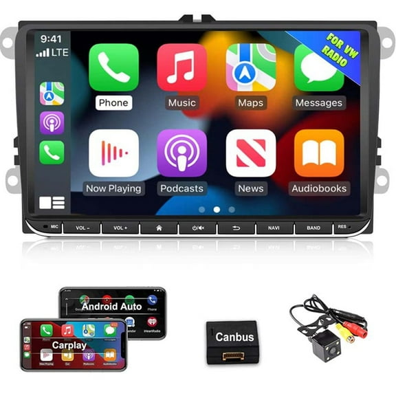 9" inch Android Car Radio with Wired&Wireless CarPlay Android Auto Fits for VW Passat Jetta Seat Golf Skoda Polo Touran,1G+16G Touch Screen Car Stereo Bluetooth GPS WiFi FM +Backup Camera