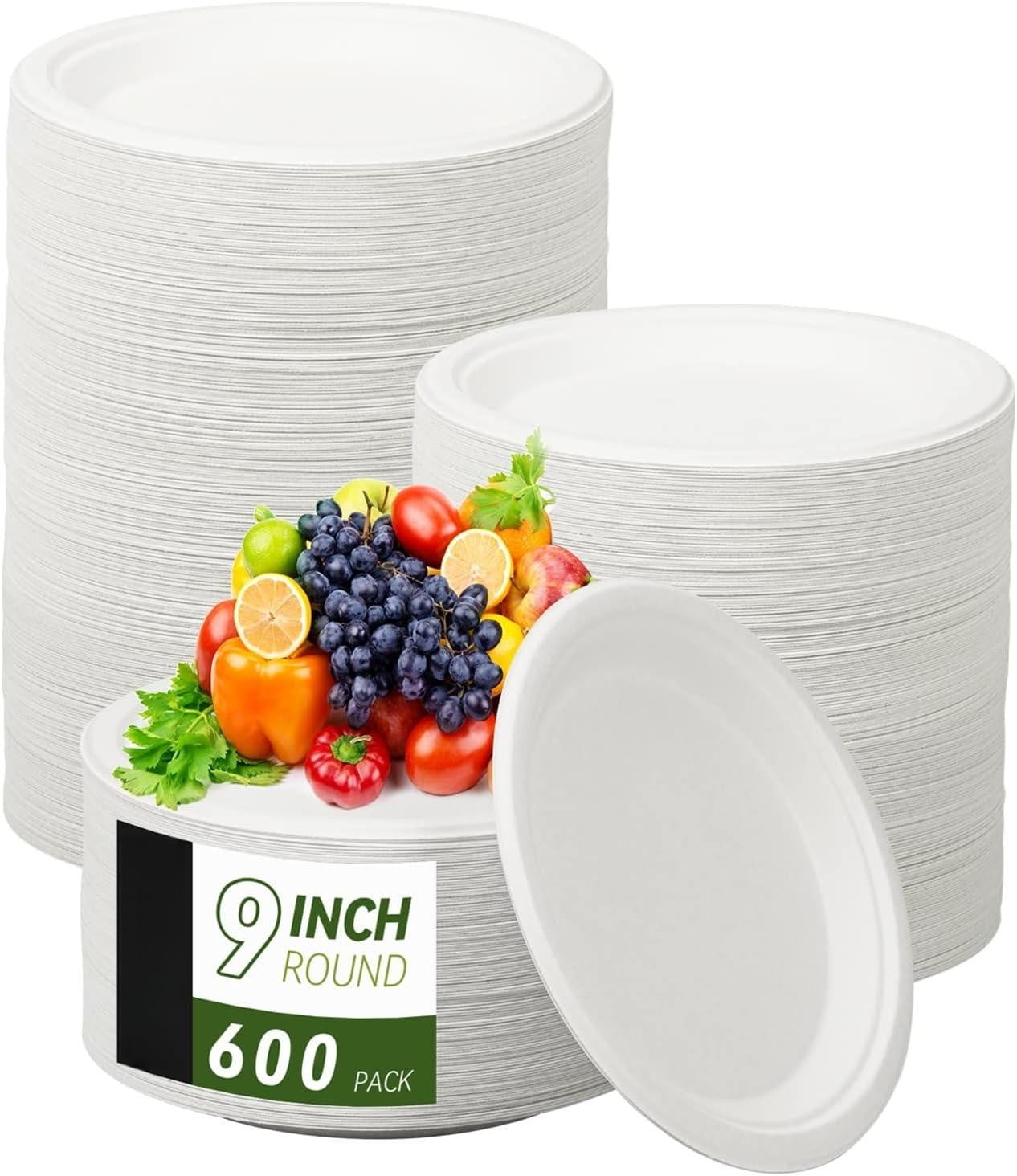 9 inch Biodegradable Plates 600Pack, 100 Compostable Paper Plates