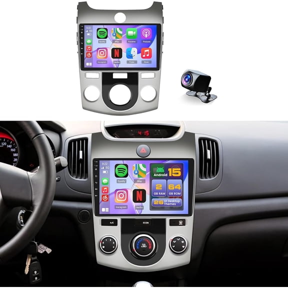 9-inch Car Stereo Radio 4+64G Android 15 Car Player for Kia Forte 2009-2017(Manual A/C)(Mid-level and Base Trim)GPS Navigation Fit for Carplay and Android Auto WiFi Bluetooth FM/RDS SWC Mirror Link