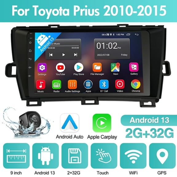 9-inch Car Stereo Radio for Toyota Prius 2010-2015, with CarPlay, Android 13, 2+32GB, GPS Navigation, WiFi, and AHD Camera