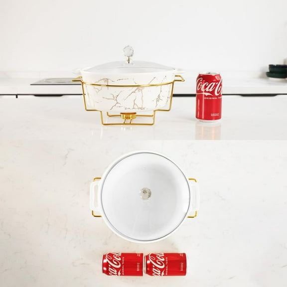 9-inch Ceramic Casserole with Glass Lid and Gold Rack, 2.6-Quart Stockpot, Buffet Hot Pot, Family Food Warming Tray, Party Catering Casserole