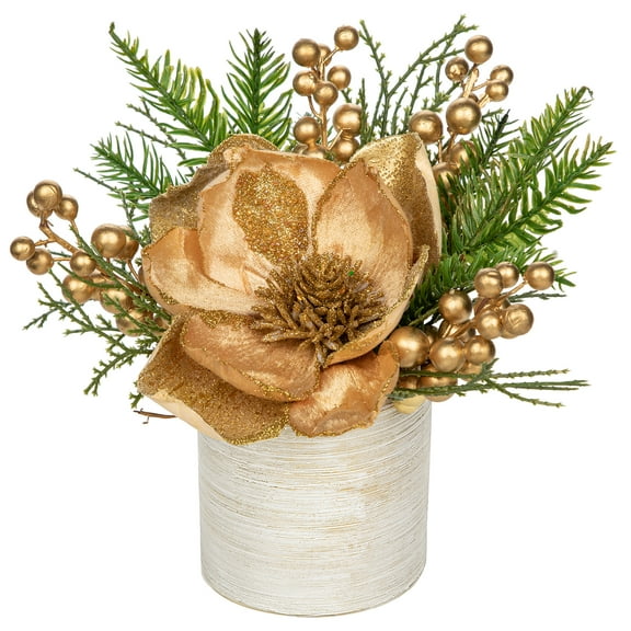 9 inch Gold Christmas Table Centerpiece 5" Glitter Magnolia Flower and Gold Berries Fir Greenery Artificial Christmas Floral Centerpiece Tabletop Christmas Table Arrangement Decor