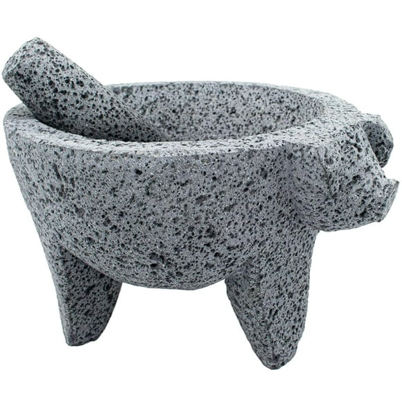 9 inch Molcajete Mortar and Pestle with Pig Design, Mexican Handmade with Lava Stone Ideal as Herb Bowl, Spice Grinder, Volcanic Stone