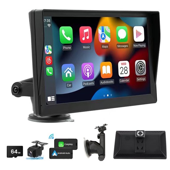 9" Wireless Carplay Screen for Car with 4K Dash Cam, Portable Carplay & Android Auto, Car Stereo Touchscreen with 1080P Backup Camera, GPS Navigation/Mirror Link/Voice Control/Bluetooth/FM, 64GB Card