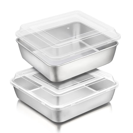 9 inch Square Cake Pan with Lid, Vesteel Non-Stick Stainless Steel Rectangle Brownies Baking Pan Set of 4, Non-Toxic & Warp Resistant, Rust Free & Dishwasher Safe (2 Pans + 2 Lids)