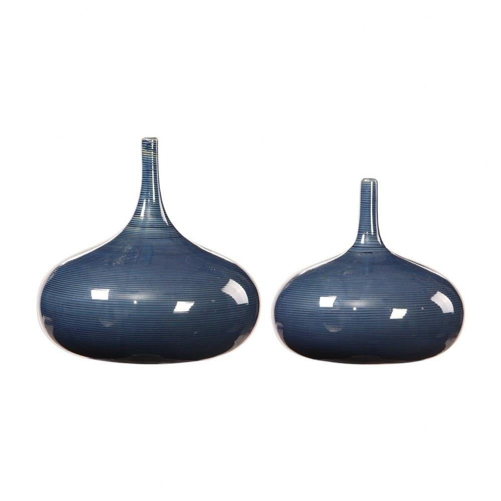 Set of 2 Blue Ceramic Spinning Top Vases