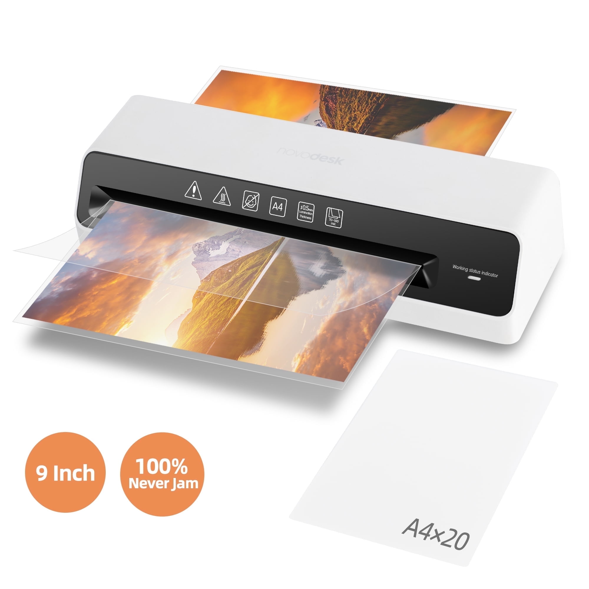 9 inches Max Width Thermal Laminator with 20 A4 Pouches, Quick Warm-Up, Never Jam, Desktop Laminator for Home Office School Use