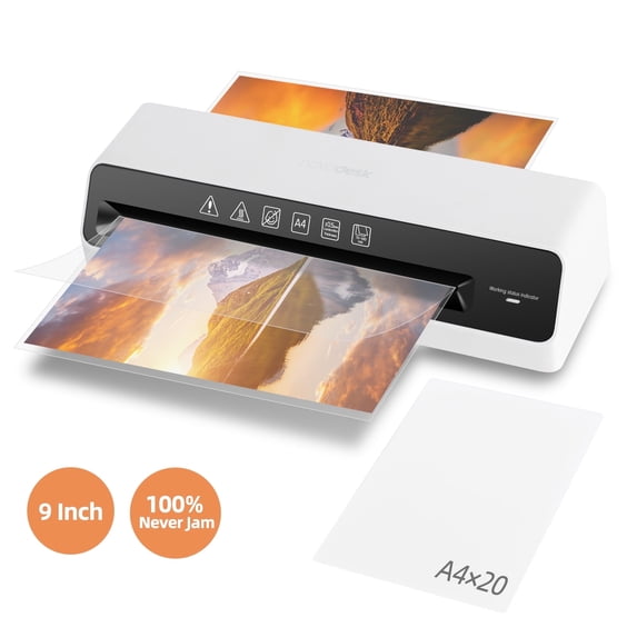 9 inches Max Width Thermal Laminator with 20 A4 Pouches, Quick Warm-Up, Never Jam, Desktop Laminator for Home Office School Use