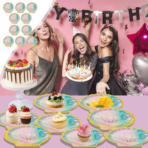 9 inches Paper Plates Seashell Plates Party Supplies Disposable Iridescent for Teen Birthday Party Decorations 10Pcs
