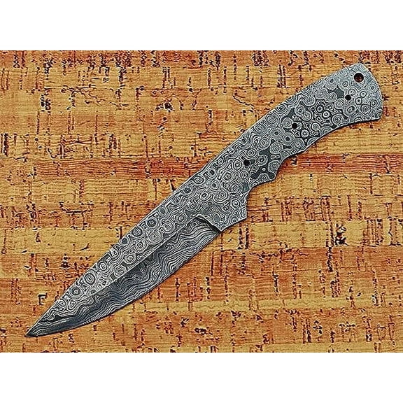 9 inches long drop point blank blade, hand forged Rain drop pattern Damascus steel blank blade skinning knife with 3 Pin hole oval scale, 4.5 inches cutting edge