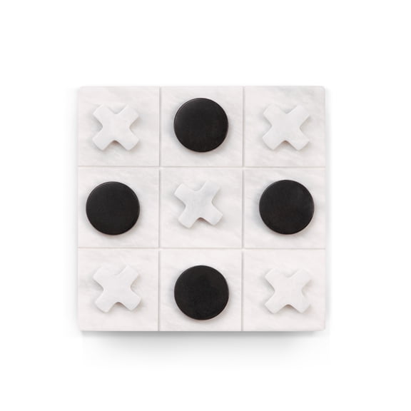 9" marble tic tac toe set with soft white marble base, jet black / soft white marble playing pieces.