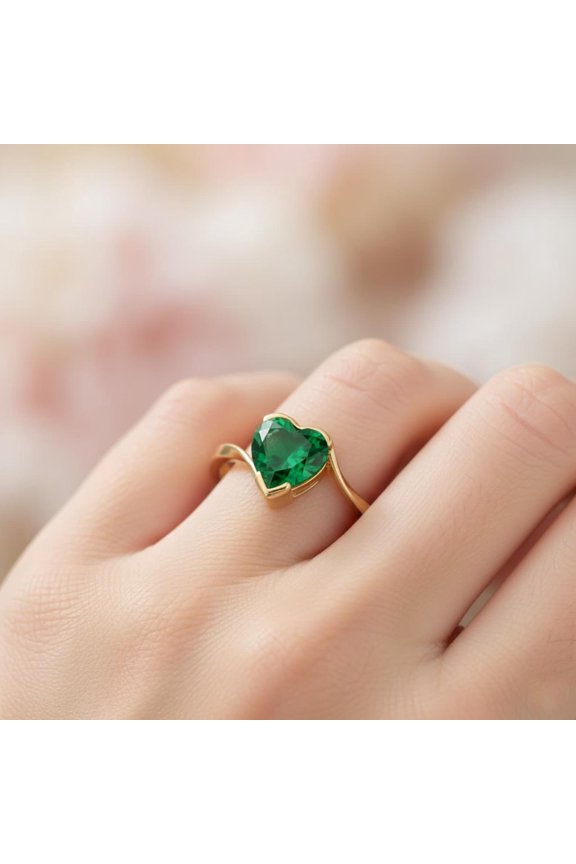 9 mm Heart Cut Emerald Ring, Sterling Silver, May Birthstone | Elegant Emerald Cut Proposal Ring | Unique Anniversary Jewelry Gift Emerald Ring